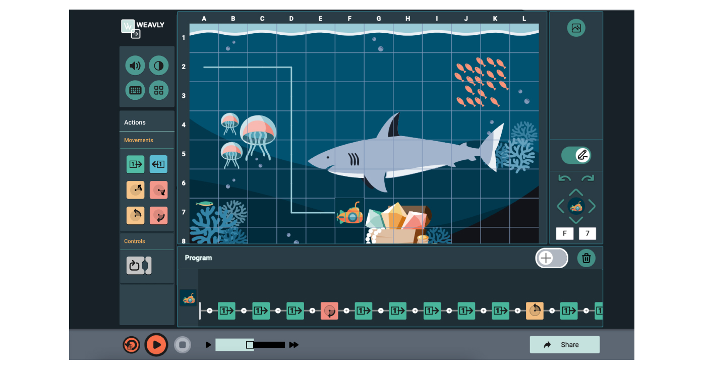 Moving the character on the Deep Ocean background to reach the treasure chest.